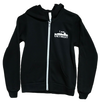 Black long sleeve full-zip with white taped zipper and divided pouch hooded sweatshirt including small white I Am Detroit logo on left chest 