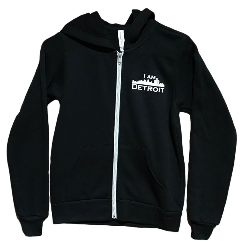 Black long sleeve full-zip with white taped zipper and divided pouch hooded sweatshirt including small white I Am Detroit logo on left chest 