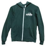 Heather forrest green long sleeve full-zip with white taped zipper and divided pouch hooded sweatshirt including small white I Am Detroit logo on left chest