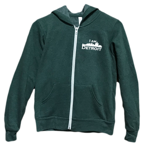 Heather forrest green long sleeve full-zip with white taped zipper and divided pouch hooded sweatshirt including small white I Am Detroit logo on left chest