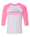 white raglan jersey with pink 3/4 sleeves and pink I Am Detroit logo across the front chest