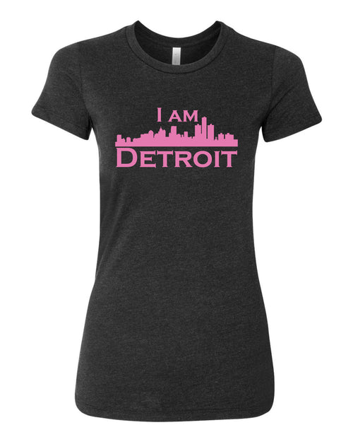 Charcoal Black Heather t-shirt with large hot neon I Am Detroit logo on front chest