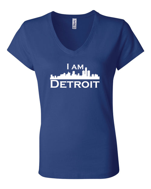 Royal blue v-neck t-shit with large white I Am Detroit logo centered on front