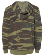 Back view of youth sized camouflage hooded sweatshirt