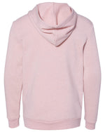 Back view of youth sized rose colored hooded sweatshirt