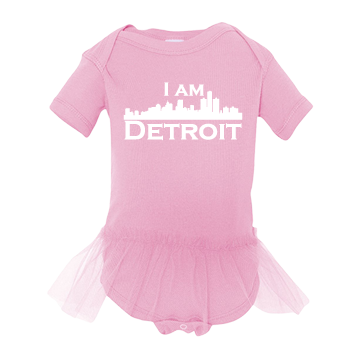 Adorably cute print baby girl onsie with light pink tulle tutu at waist large white I Am Detroit logo printed across the chest