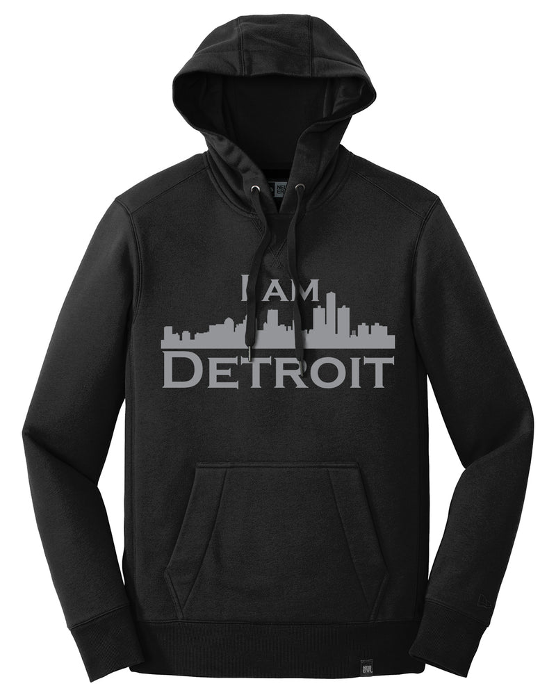 Men's Black French Terry 3-panel hooded sweatshirt with pouch in front, brass grommets, large silver I Am Detroit logo on front chest