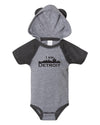 Adorable cozy Granite Heather Vintage colored onsie  with small black I Am Detroit logo printed across the front 