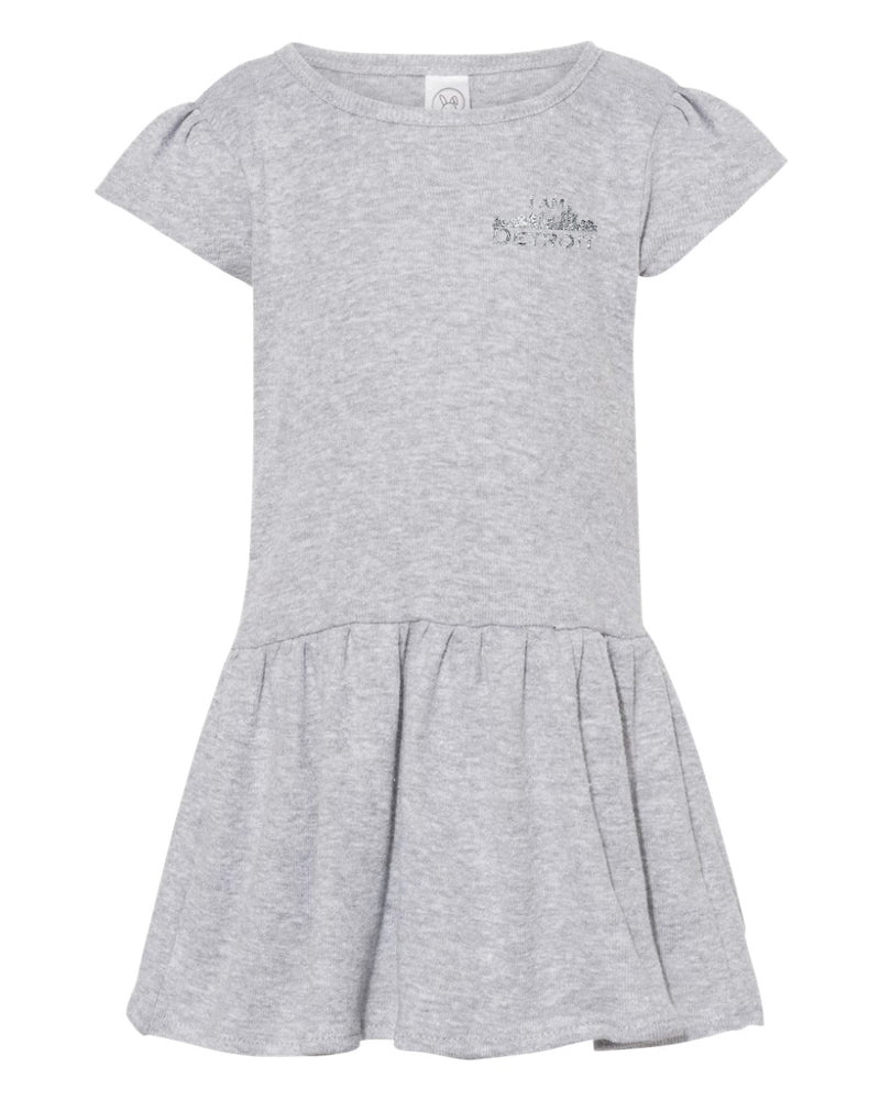 Gray Heather baby dress with small glittered I Am Detroit logo printed on the left chest