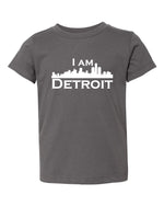 Asphalt gray short sleeve toddler t-shit with white I Am Detroit logo across the chest