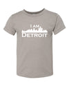 Heather stone colored short sleeve toddler t-shit with white I Am Detroit logo across the chest
