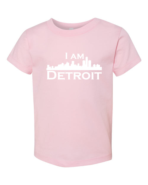 Pink short sleeve toddler t-shit with white I Am Detroit logo across the chest