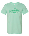 Mint green short sleeve t-shirt with large Mint green I Am Detroit logo printed across the chest