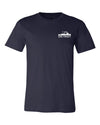 Front view of navy short sleeved t-shirt with small I Am Detroit logo printed on the front left chest