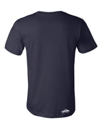 Back view of navy short sleeved t-shirt with small I Am Detroit logo printed on the bottom right near hem