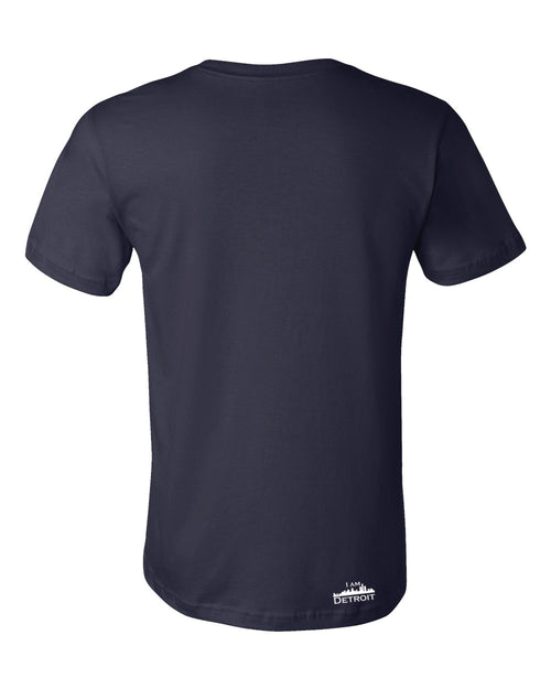 Back view of navy short sleeved t-shirt with small I Am Detroit logo printed on the bottom right near hem