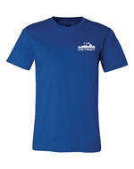 Front view of true royal blue short sleeved t-shirt with small I Am Detroit logo printed on the front left chest