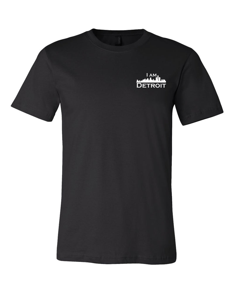 Front view of Black short sleeved t-shirt with small I Am Detroit logo printed on the front left chest