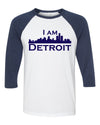 white raglan jersey with navy 3/4 sleeves and navy I Am Detroit logo across the front of t-shirt