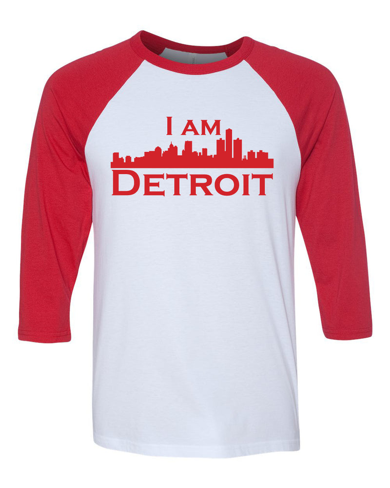 white raglan jersey with red 3/4 sleeves and red I Am Detroit logo across the front of t-shirt