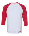 back view of white raglan jersey with red 3/4 sleeves and red I Am Detroit logo along the bottom right hem