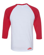 back view of white raglan jersey with red 3/4 sleeves and red I Am Detroit logo along the bottom right hem
