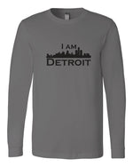 Asphalt gray long-sleeve Bella+Canvas with large black I Am Detroit logo centered on the front 