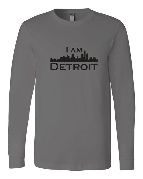 Asphalt gray long-sleeve Bella+Canvas with large black I Am Detroit logo centered on the front 