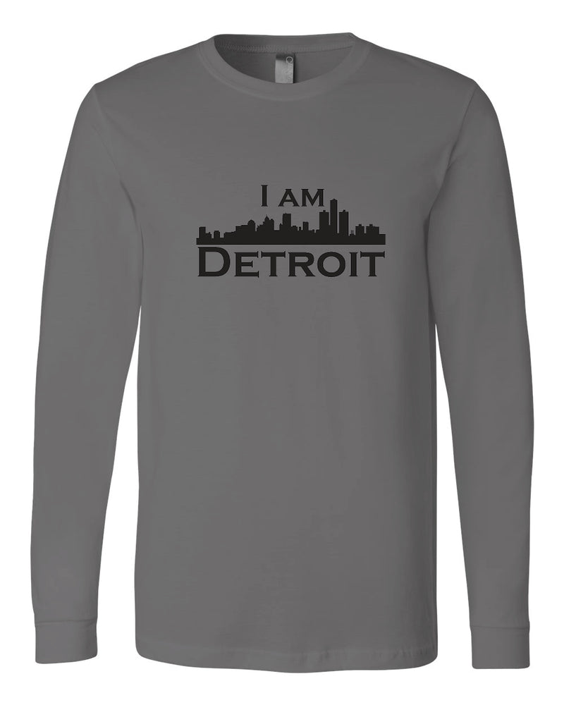 Asphalt gray long-sleeve Bella+Canvas with large black I Am Detroit logo centered on the front 