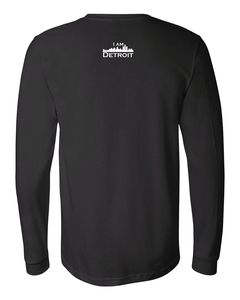 Black long-sleeve Bella+Canvas t-shirt with small white I Am Detroit logo centered on the back below the collar