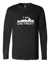 Black long-sleeve Bella+Canvas with large white I Am Detroit logo centered on the front 