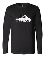 Black long-sleeve Bella+Canvas with large white I Am Detroit logo centered on the front 