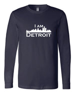 Navy long-sleeve Bella+Canvas with large white I Am Detroit logo centered on the front 