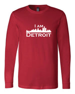 Red long-sleeve Bella+Canvas with large white I Am Detroit logo centered on the front 
