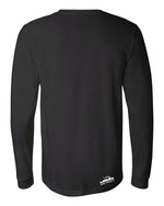 Back view of black long-sleeve Bella+Canvas with small white I Am Detroit logo at the bottom right near hem