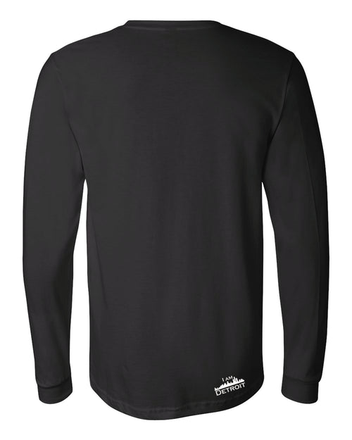 Back view of black long-sleeve Bella+Canvas with small white I Am Detroit logo at the bottom right near hem