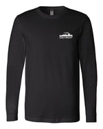 Black long-sleeve Bella+Canvas with small white I Am Detroit logo on the front left chest