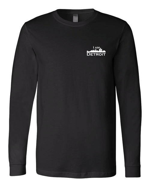 Black long-sleeve Bella+Canvas with small white I Am Detroit logo on the front left chest