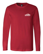 Red long-sleeve Bella+Canvas with small white I Am Detroit logo on the front left chest