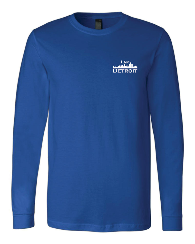 Royal Blue long-sleeve Bella+Canvas with small white I Am Detroit logo on the front left chest