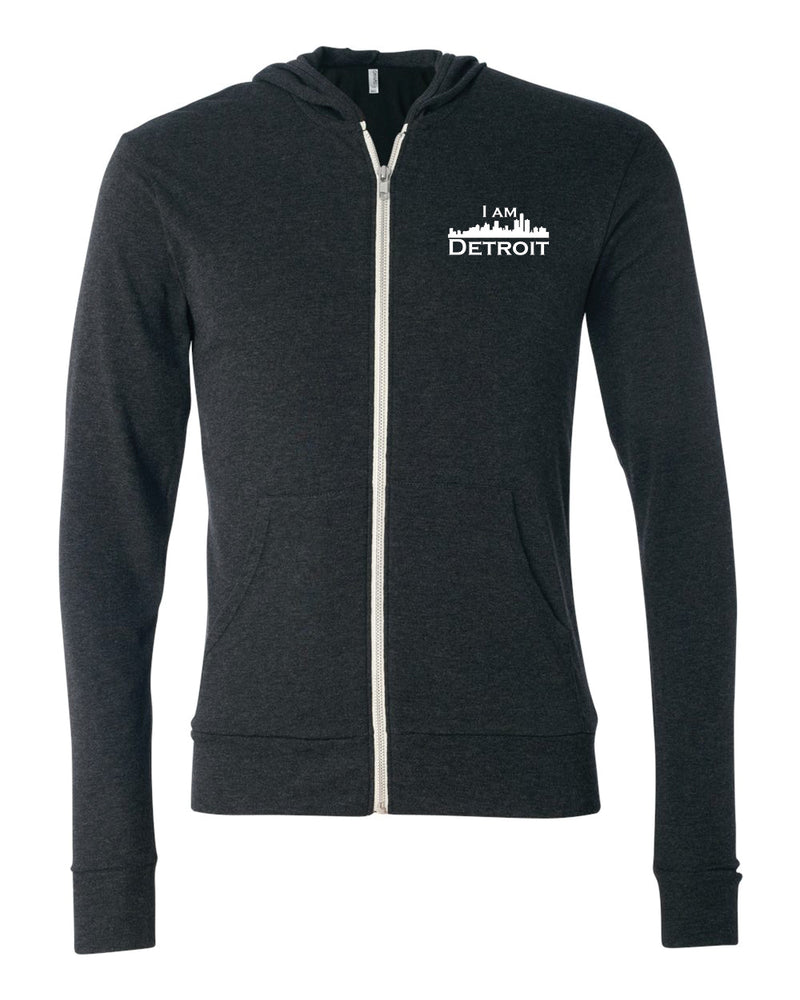 Charcoal Black Heather Full-Zip Hooded sweatshirt with small I Am Detroit logo printed on left chest 