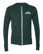 Emerald Green Heather Full-Zip Hooded sweatshirt with small I Am Detroit logo printed on left chest