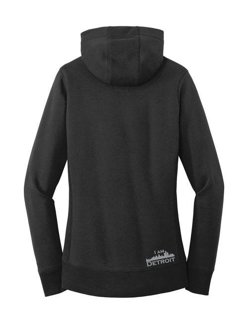 Back facing Black French Terry 3-panel hooded sweatshirt with pouch in front, brass grommets, small  silver I Am Detroit logo near bottom hem on back