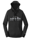Front facing Black French Terry 3-panel hooded sweatshirt with pouch in front, brass grommets, large silver I Am Detroit logo on front chest