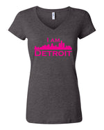 Heather gray v-neck t-shit with large hot pink I Am Detroit logo centered on front