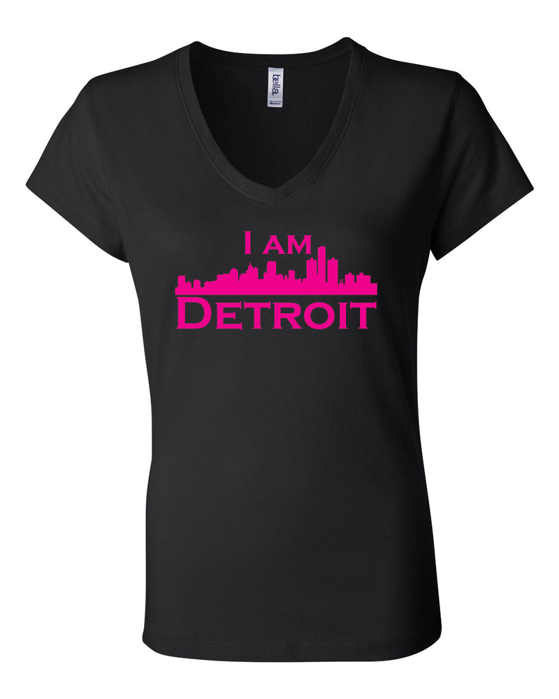 Black v-neck t-shit with large hot pink I Am Detroit logo centered on front