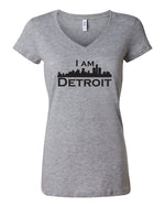 Heather gray v-neck t-shit with large black I Am Detroit logo centered on front