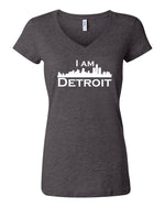 Dark heather gray v-neck t-shit with large white I Am Detroit logo centered on front