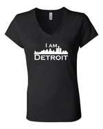 Black v-neck t-shit with large white I Am Detroit logo centered on front