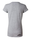 Back view of heather gray v-neck t-shirt with small black logo at bottom right near hem